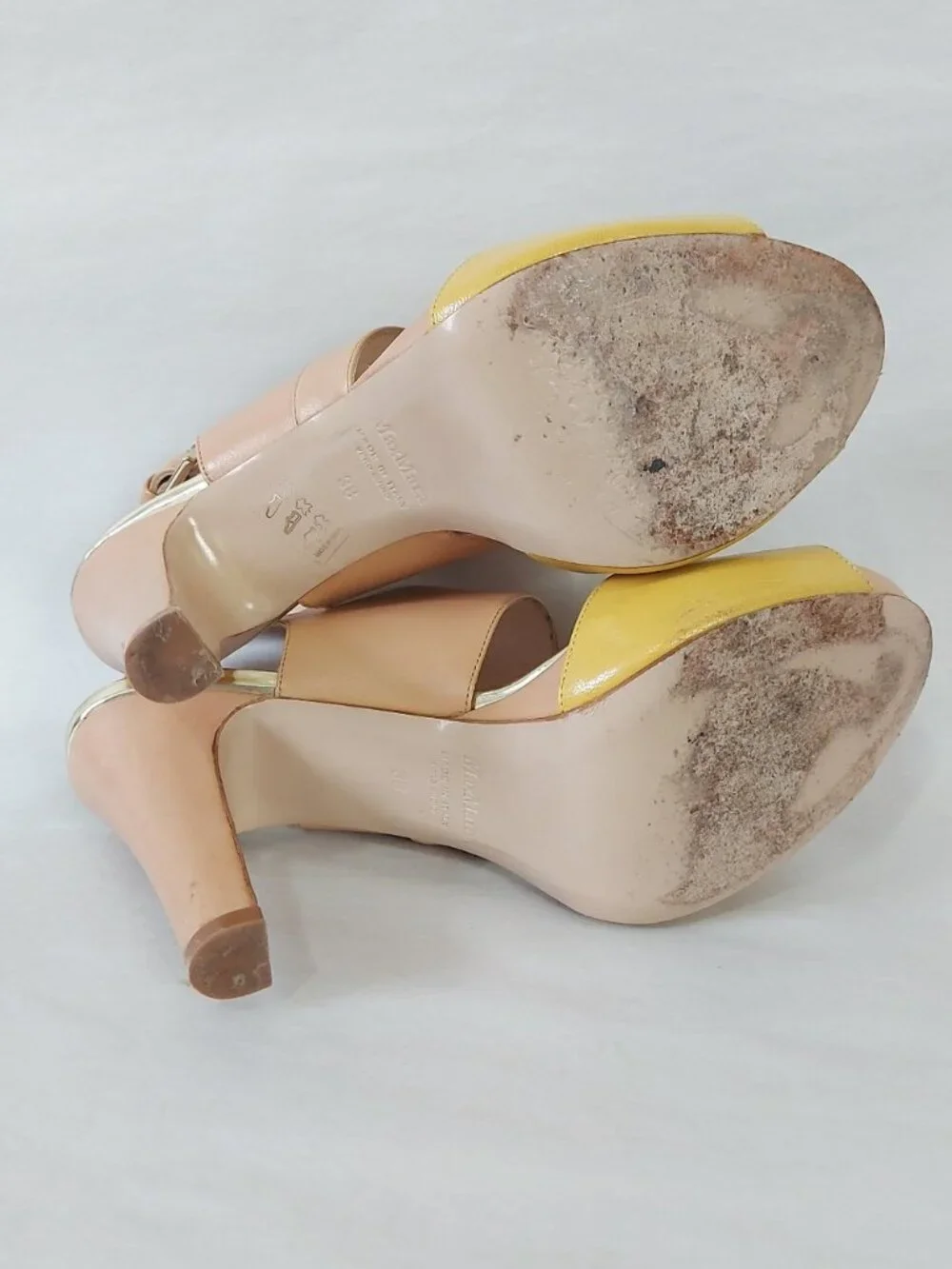 MaxMara T-strap Peep-toe Platform Heel Two Tone Buckle Slingback Sandals 38 EU